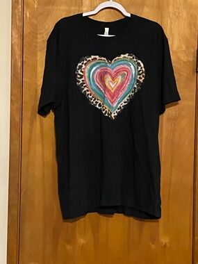 Bella Canvas Black Tee with Colorful Heart and Leopard Accent